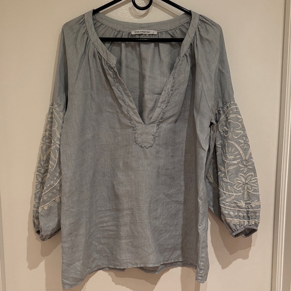 Light Blue Embroidered Sleeve Tunic Top